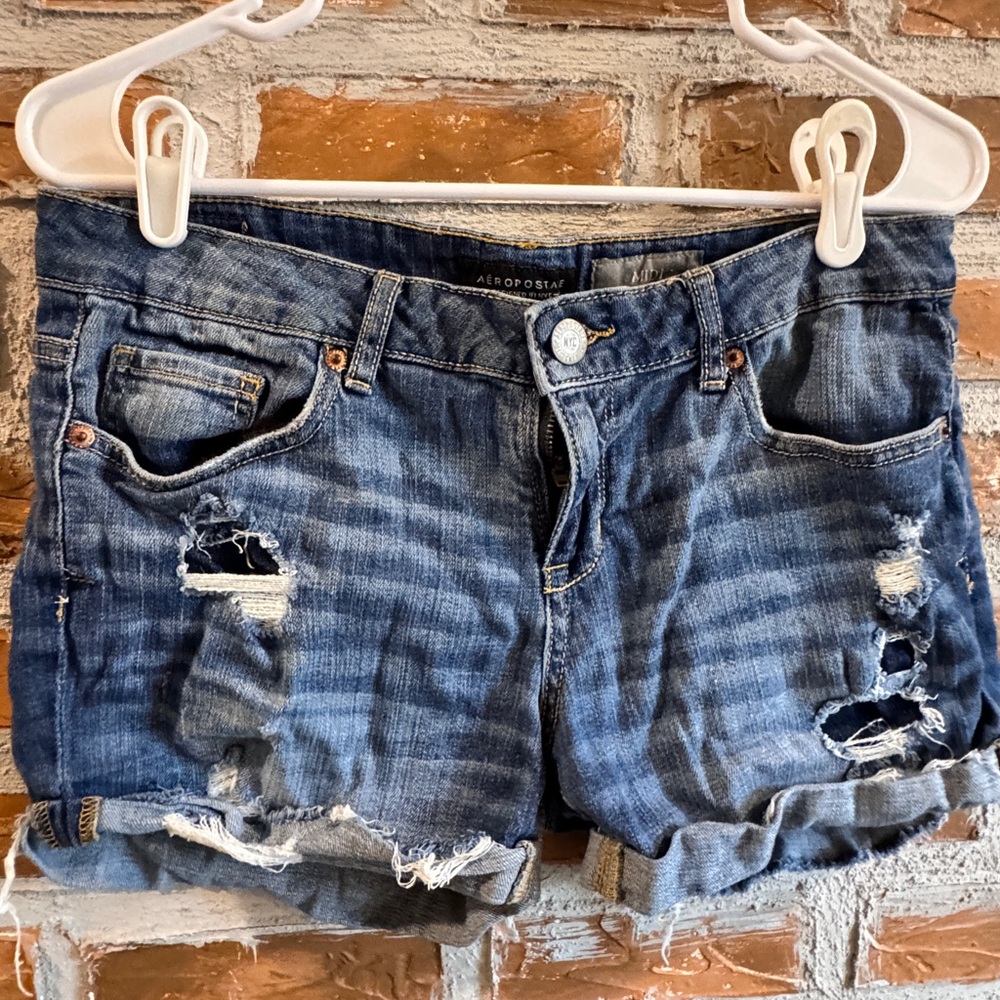 Aeropostale Blue Distressed Rolled Cuff Denim Shorts